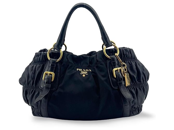 Bolsa Satchel Conversível Prada Gaufre em Couro e Tessuto Medium Preto