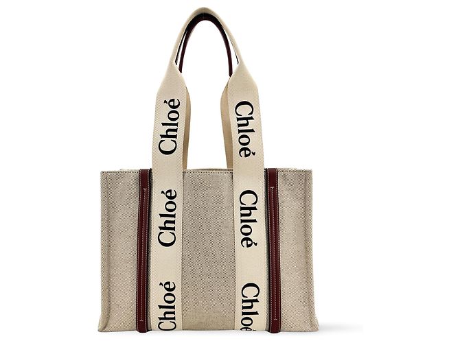 Chloé Chloe Woody Tote em Lona com Couro Medium Bege