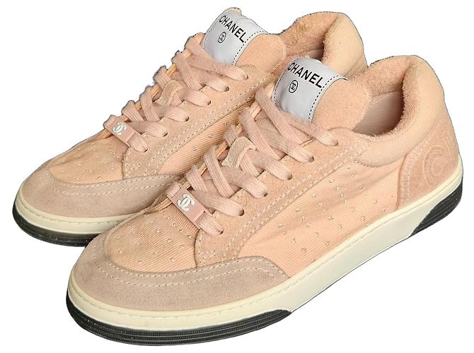 Sapatilhas Chanel em camurça e tecido rosa