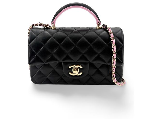 Chanel Classic Single Flap Top Handle Quilted Iridescent Lambskin Mini Schwarz