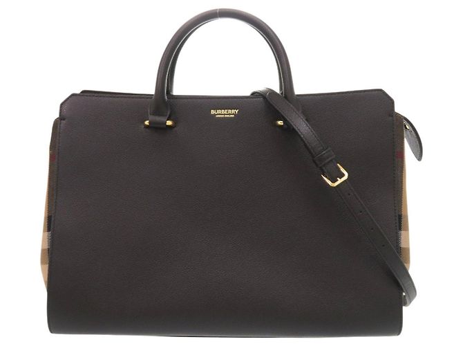 Burberry Banwell Check Pattern Leather Canvas Handbag Black