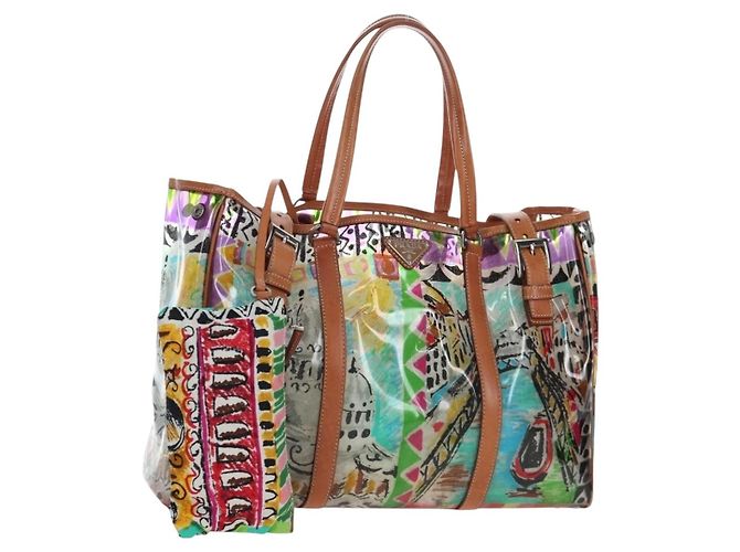 PRADA Tote Bag Vinyl Multicolor Silver Auth 204422A Silvery Multiple colors