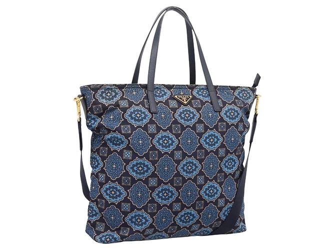 Borsa Tote PRADA Nylon 2way Navy Gold Auth 206331A D'oro Blu navy