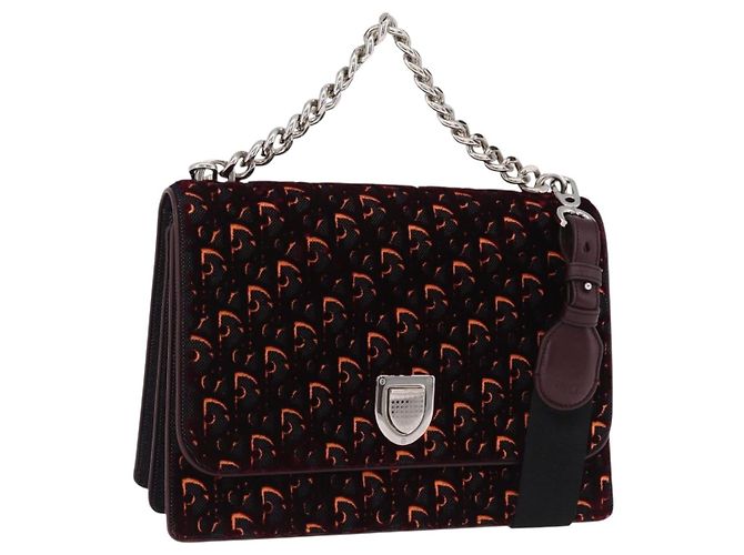 Borsa a mano Christian Dior Oblique Diorama Velluto 2way Rosso Argento Auth mr2986V