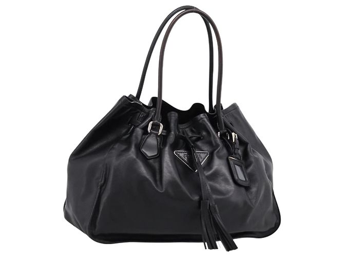 Bolso Tote PRADA de cuero negro plata Auth 205973M