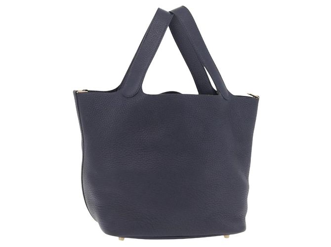 Hermès Sac à main HERMES Picotan Lock MM Cuir Taurillon Navy Gold Auth 204768SM Doré Bleu Marine