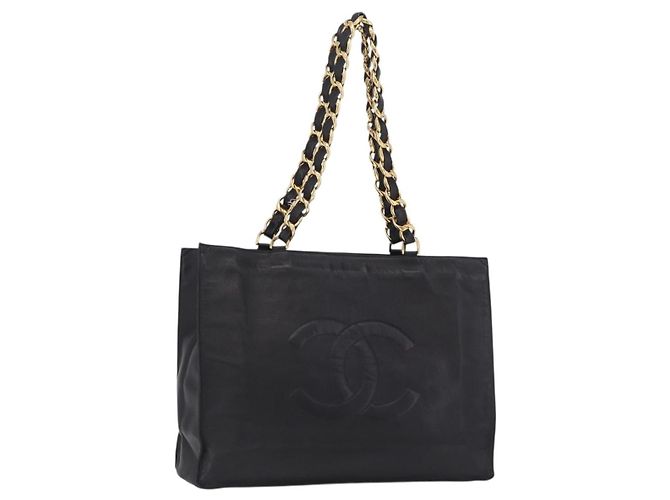 Saco Tote CHANEL com corrente e marca COCO grande em pele de cordeiro Preto Ouro CC Auth BA15804V Dourado