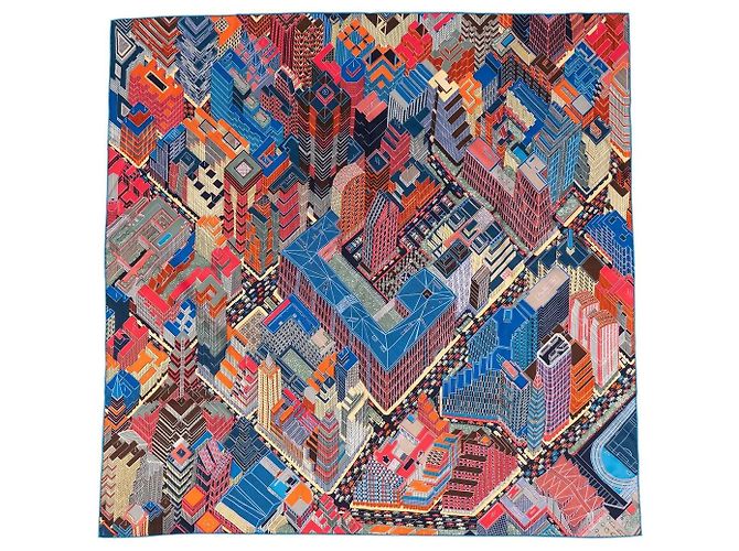 Lenço Hermès Pantin City 90cm Marrom Branco Vermelho Azul Multicor Verde Laranja Cinza