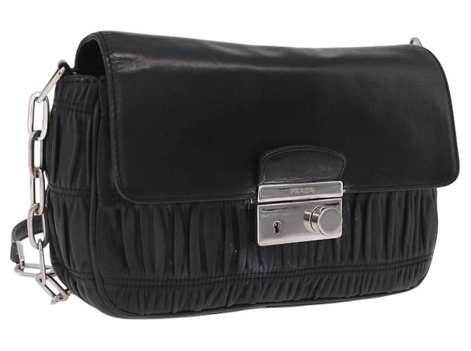 Bolsa de Ombro com Corrente PRADA em Couro Preto Prata Auth mr3021