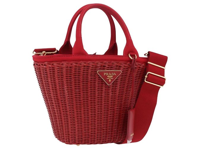 Borsa a mano PRADA in vimini e rattan 2way Rosso Oro Auth LN124SAM D'oro