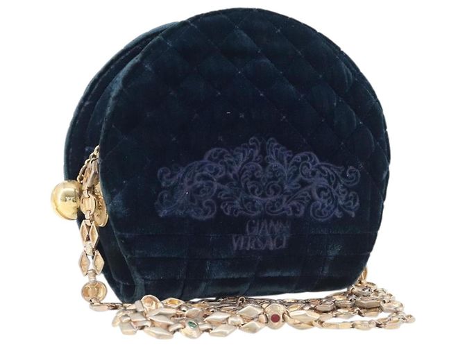 Borsa a tracolla Gianni Versace Chain Velluto Navy Tono Oro Auth bs37150 Blu navy