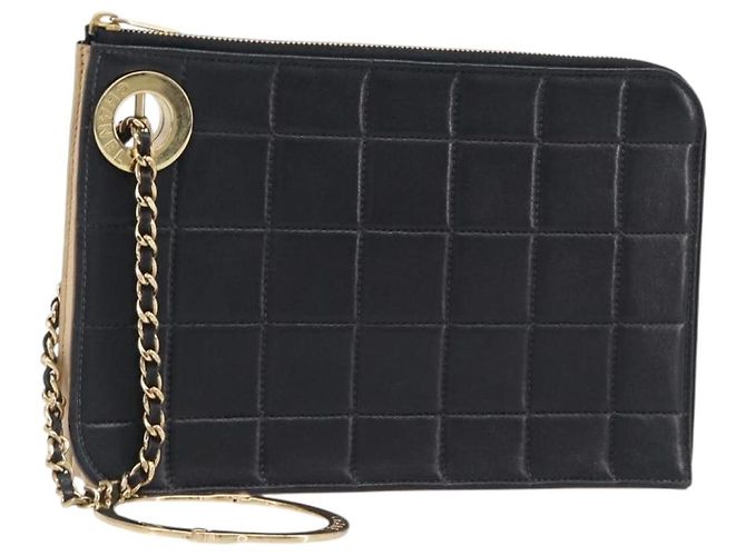 Borsa a pochette CHANEL Choco Bar in pelle d'agnello nera e oro CC Auth 206033V Nero D'oro