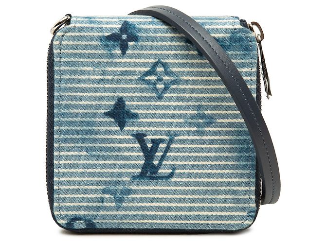 Blue Louis Vuitton Monogram Denim Watercolor Hickory Stripes Compact Wallet on Strap Small Wallets