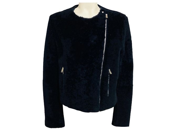 16 Céline Celine Navy Blue Zip Front Lambskin Shearling Jacket