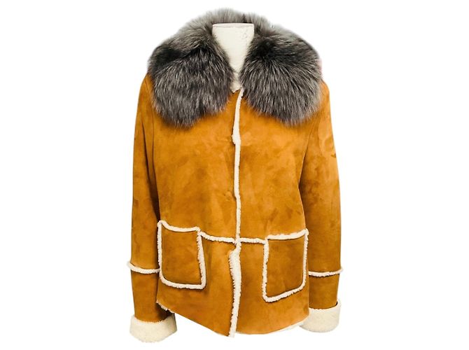 Autre Marque Eleventy Cognac Wildlederjacke mit Shearling-Futter und Fuchsfellkragen Kamel