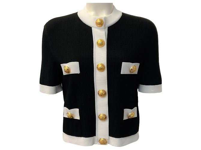 Balmain Black / White Button Front Knit Short Sleeved Jacket