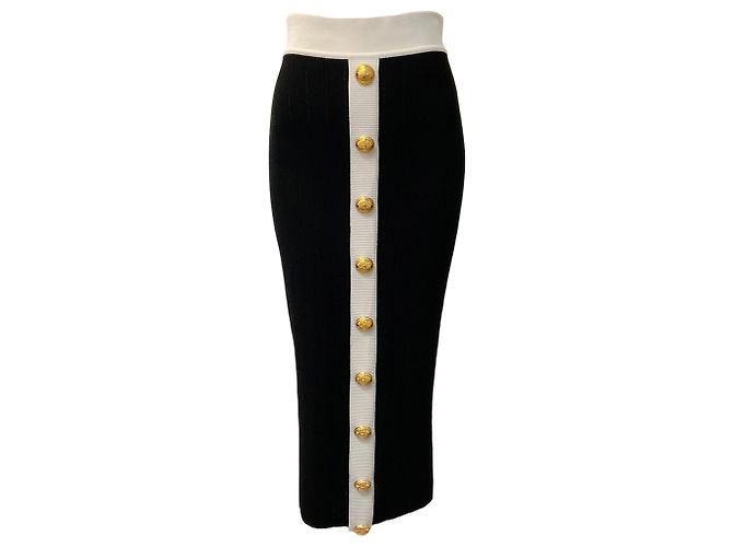 Falda midi de punto Balmain negra / blanca con botones frontales Negro