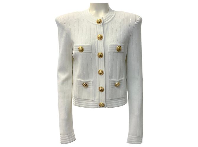 Balmain weißer Rippstrick-Cardigan mit Goldknöpfen