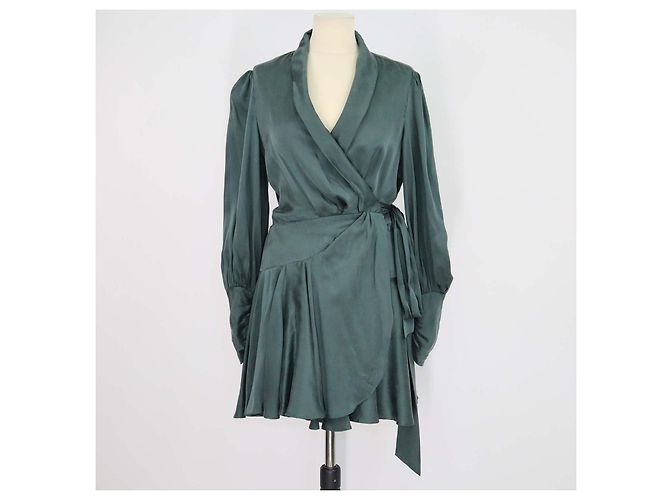 Vestido mini cruzado evasé de seda verde oscuro Zimmermann