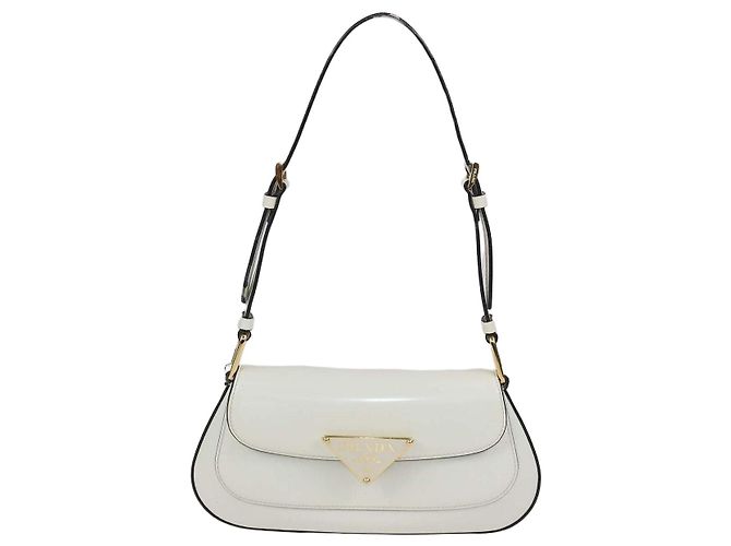 Prada Ivory Brushed Leather Plaque Flap Shoulder Bag Cream
