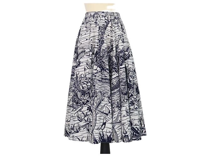 Saia midi impressa em algodão azul marinho e off white Christian Dior Fora de branco