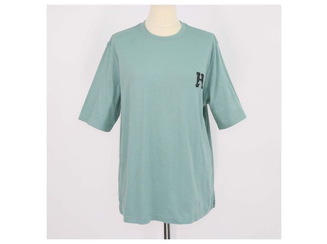 Hermès Hermes Celadon Cotton H Cheval Rundhals T-Shirt Grün