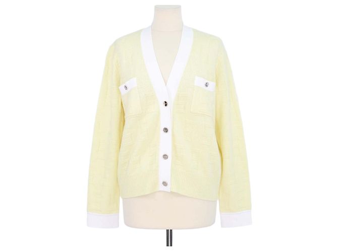Sandro Yellow, White Wool Cashmere Monogram V Neck Cardigan