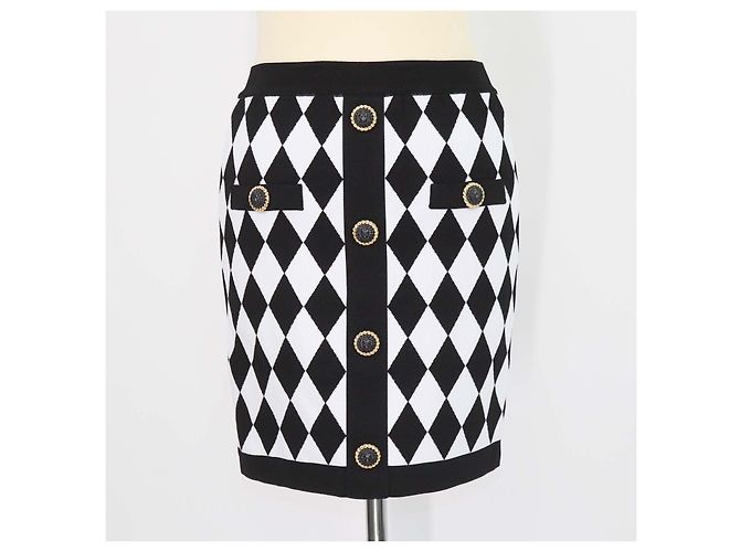 Balmain Black, White Blend Viscose Diamond Pattern Knit Mini Skirt
