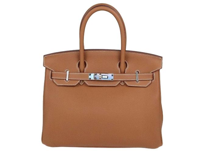 Hermès Bolsa Birkin 30 Hermes em couro Togo Gold com hardware Palladium Marrom