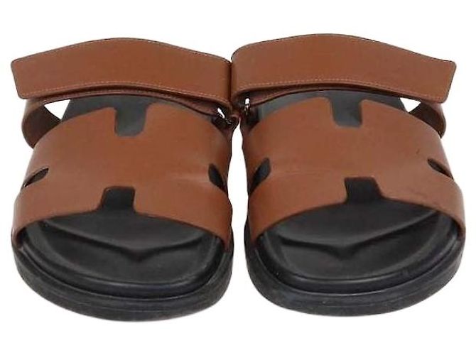 Hermès Hermes Gold Leather Chypre Sandals Brown