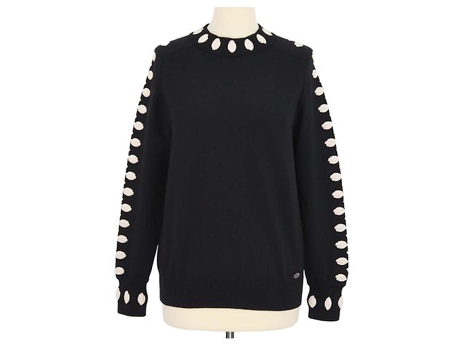 Chanel Black, Ivory Blend Wool Embroidered Applique Crew Neck Sweater