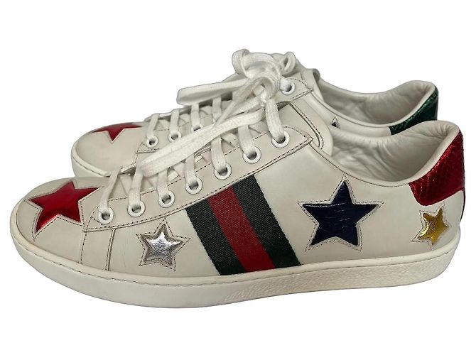 Gucci Ace Star Leder-Sneaker Silber Weiß Rot Blau Golden Grün