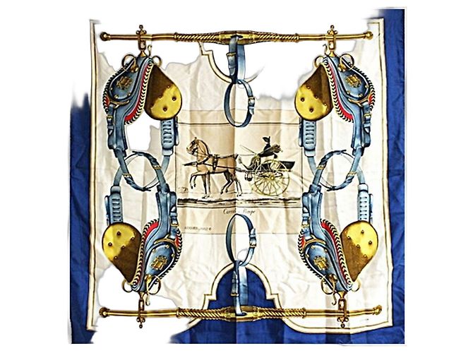 Hermès Foulard di seta Hermes Carrick a Pompe Blu Beige
