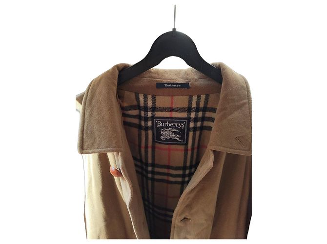 Burberrys Vintage Nova Check Lined Wool Coat Brown Beige