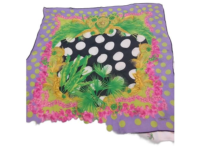 Lenço Versace em seda com estampa barroca e bolinhas Preto Rosa Branco Dourado Verde Roxo