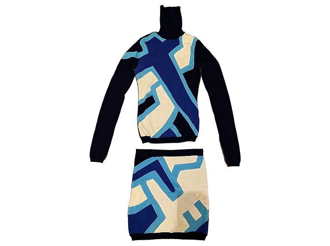 Versace Jeans Couture Conjunto de Camisola de Lã e Saia Branco Azul Azul claro Azul escuro