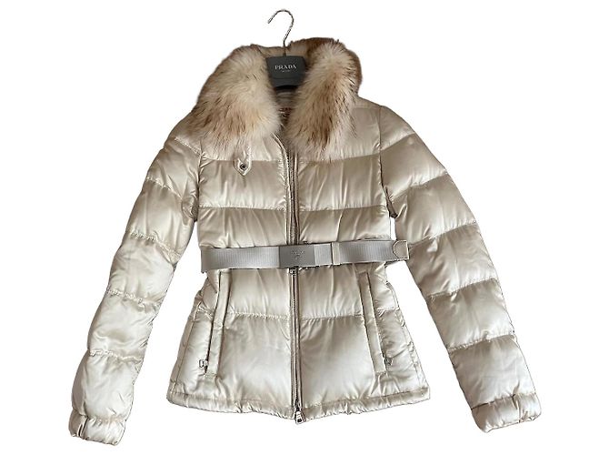Prada White Down Jacket with Fur Collar and Belt