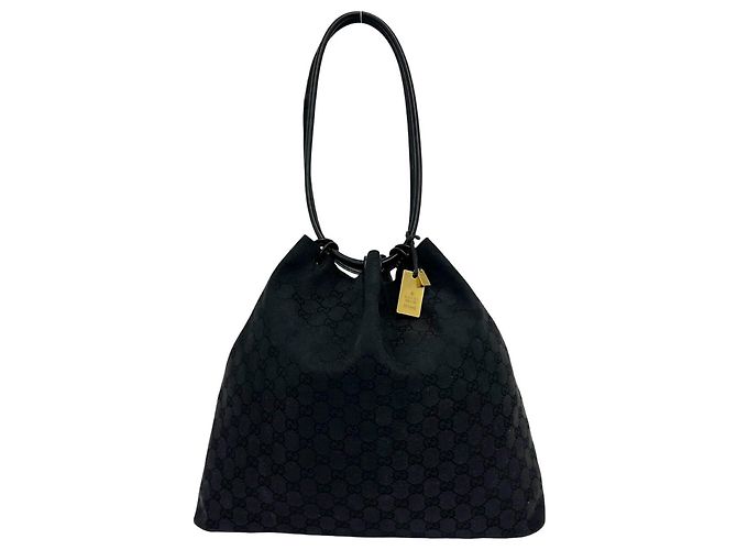 Gucci GG Canvas Pattern Leather Drawstring Semi Shoulder Bag Black