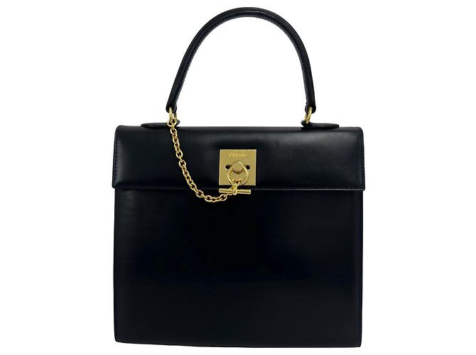 Céline Celine Vintage Logo Ring Hardware Calf Leather Handbag Black