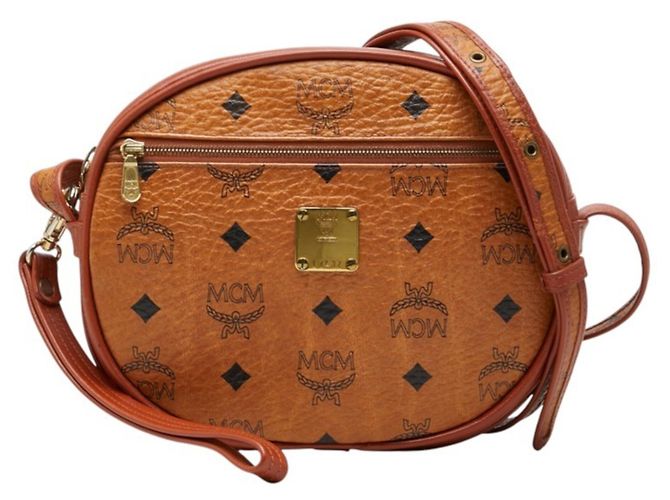 Bolsa de Ombro MCM Visetos em Couro Castanho Marrom