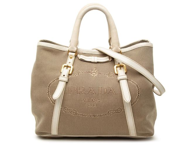 Prada Logo Jacquard Tote Bag Braun Weiß