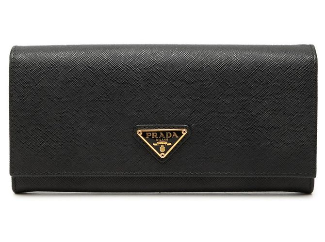 Saffiano Prada Triangle Logo Plate Bi-fold Long Wallet Black