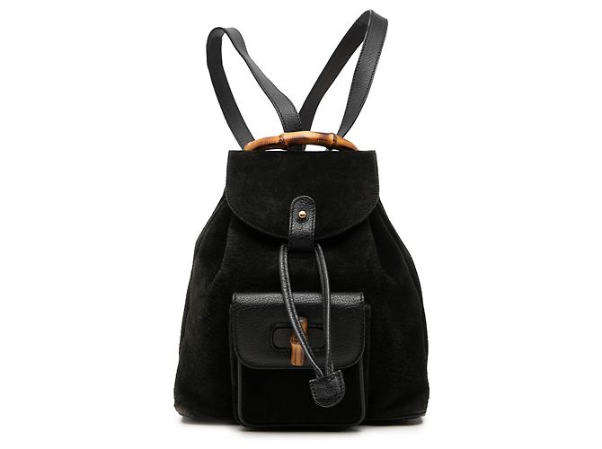Gucci Black Suede Bamboo Drawstring Backpack