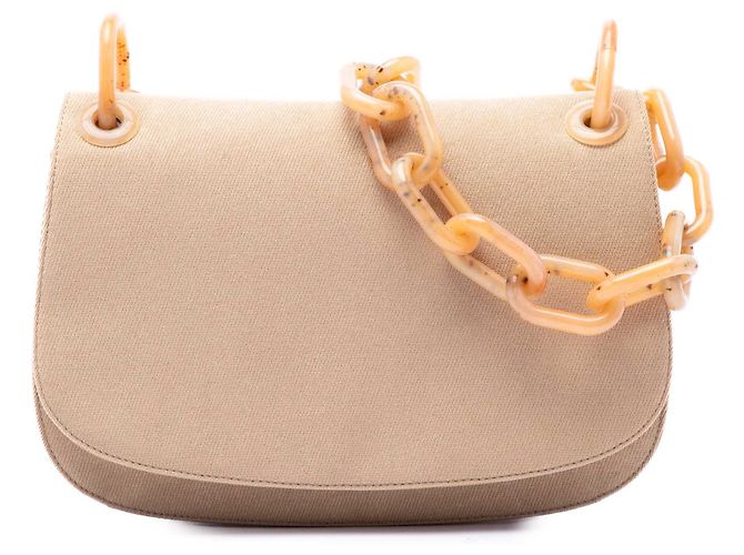 Bolsa de Ombro Prada em Lona Bege com Corrente de Resina