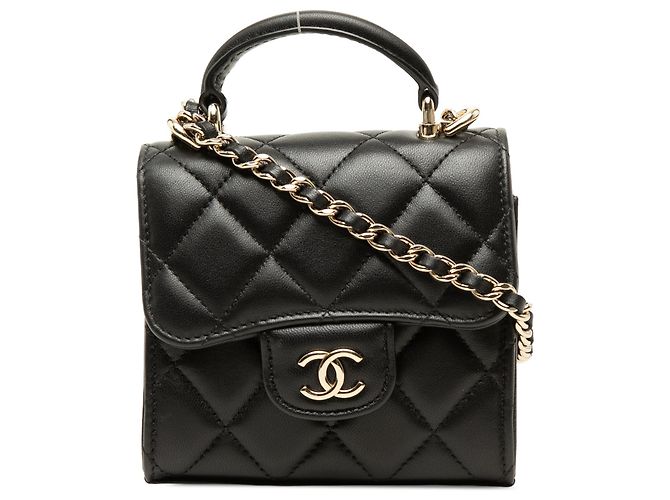 Chanel Schwarze CC gesteppte Lammleder Top Handle Flap Clutch mit Kette