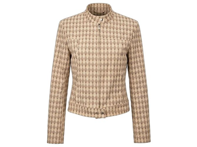 Pinko Diamond Print Cotton Zip-Up Jacket Brown Beige