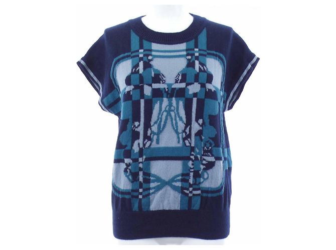 Hermès BRIDES DE GALA TARTAN36 Kaschmir Strick Grün Marineblau