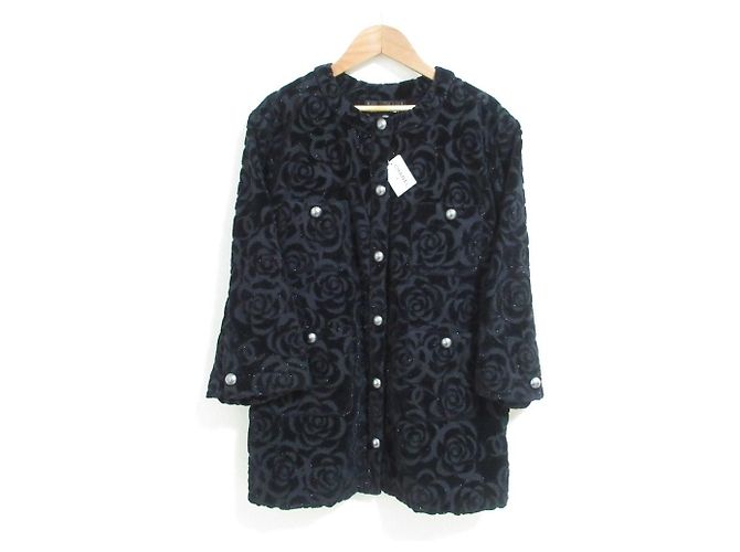 Chanel Camellia Pattern Velour Collarless Jacket Black