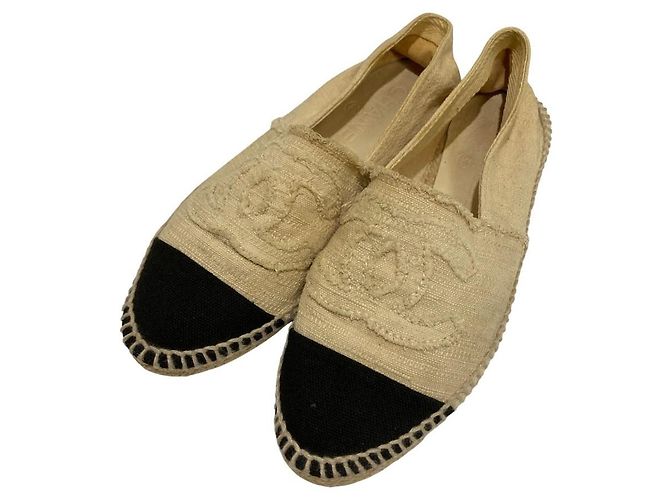 Chaussures plates espadrilles Chanel Noir Beige Écru