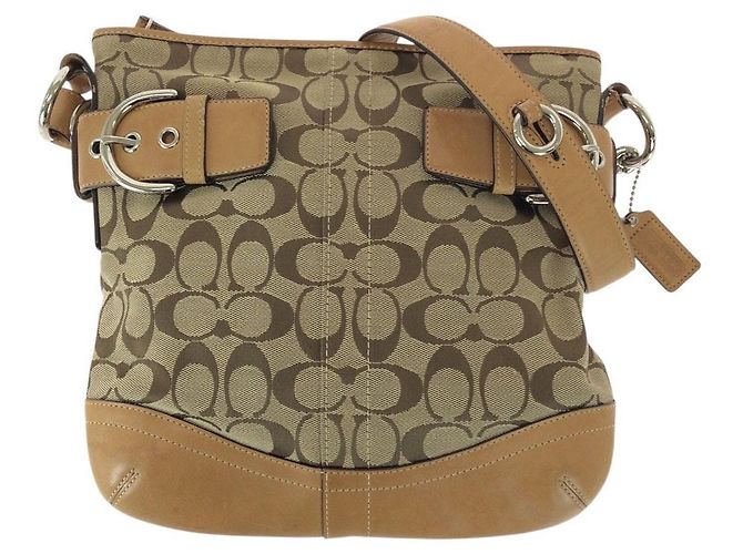 Bolsa de Ombro Coach Signature Canvas Leather Marrom Prata Bege